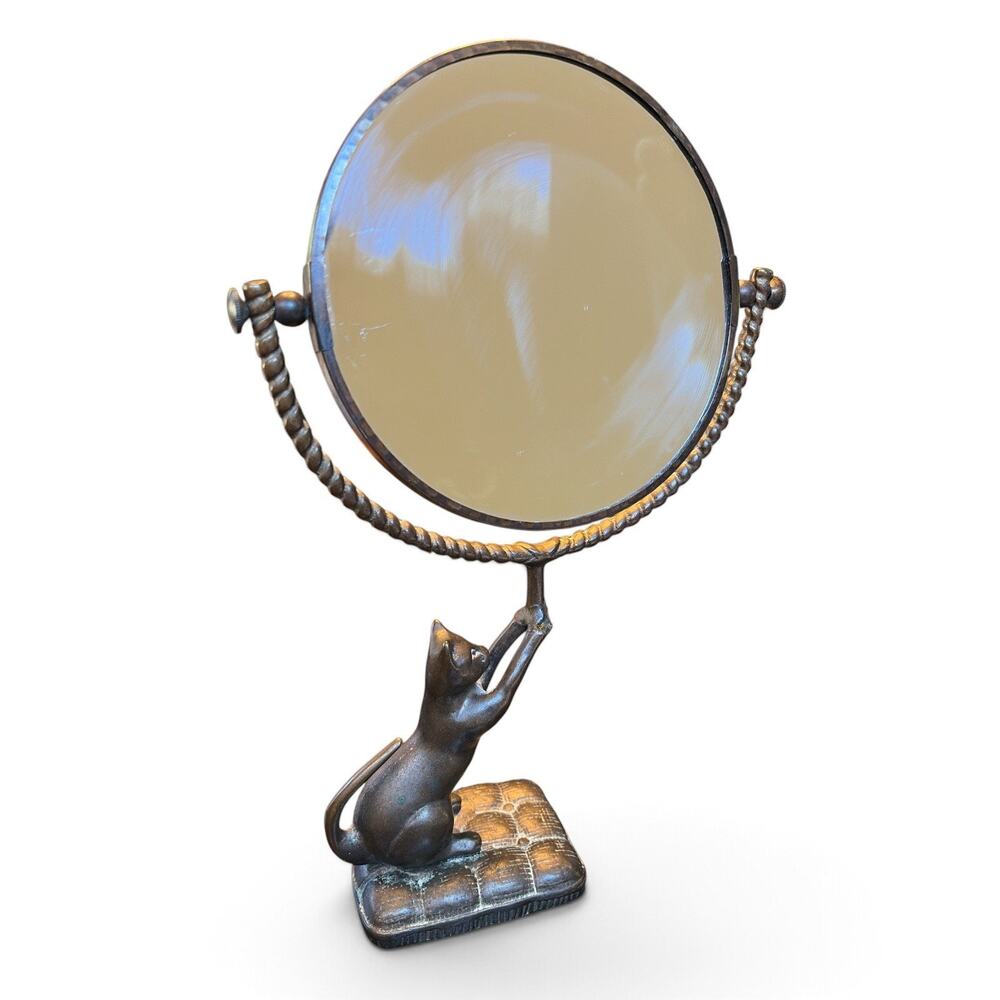 SPI Home Solid Bronze Cat Tabletop Vanity Mirror Two Sided Magnifying Vintage